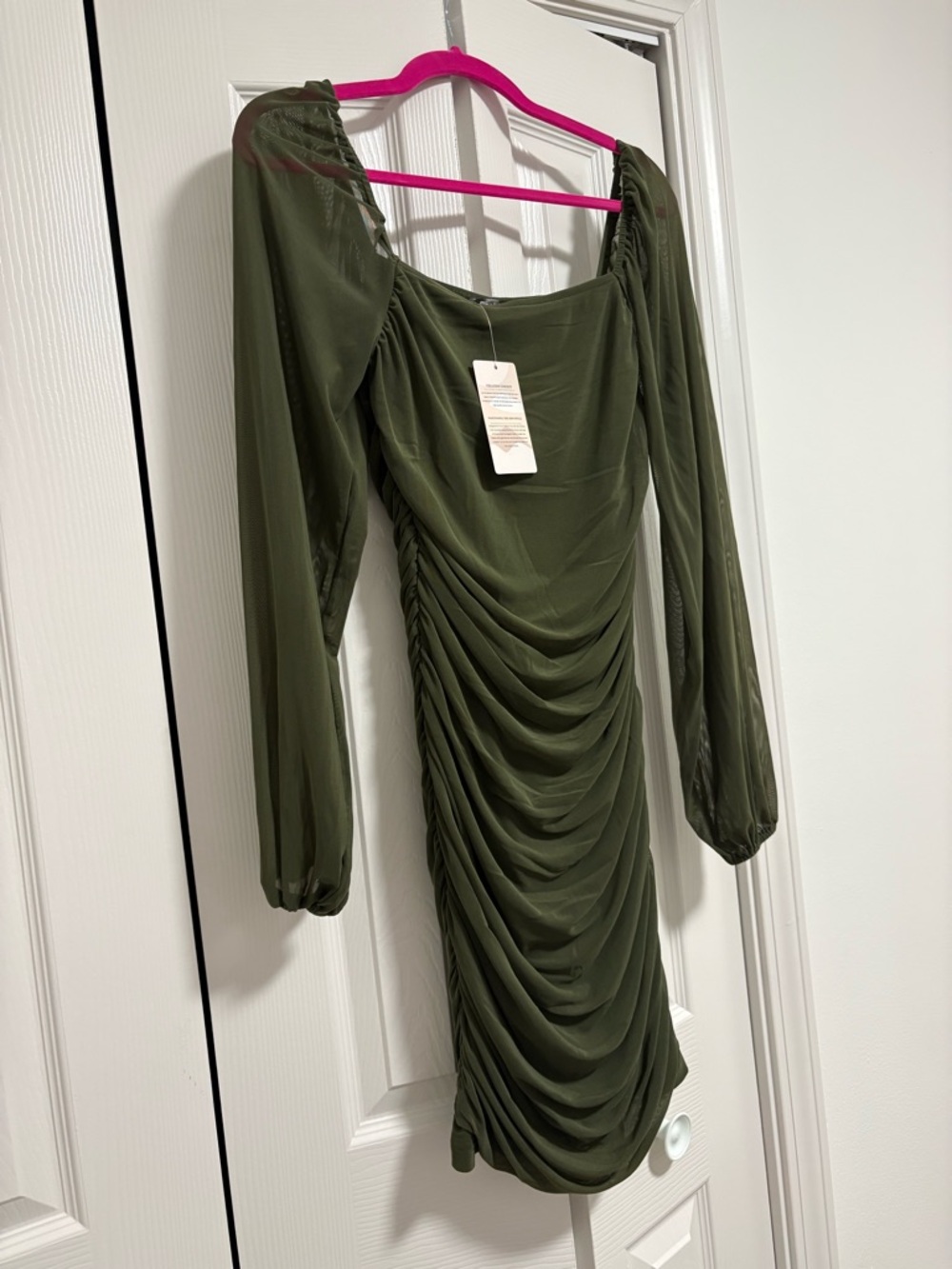 Amazon Olive Green Long Sleeve Ruched Mini Dress